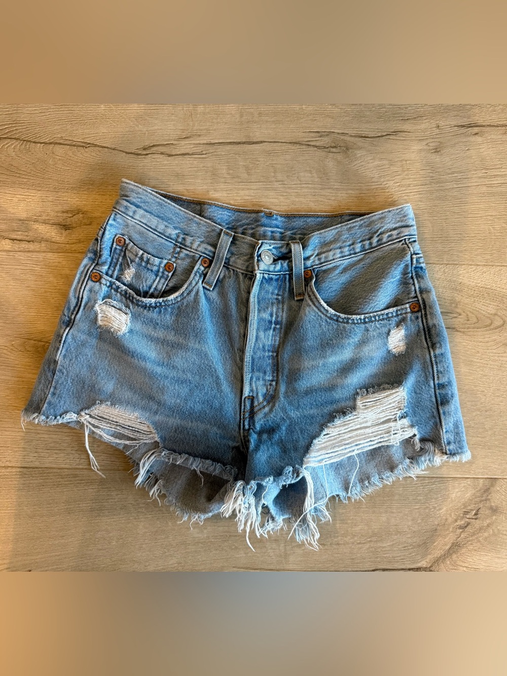 Levi's 501 Light Blue Distressed Denim Cutoff Shorts